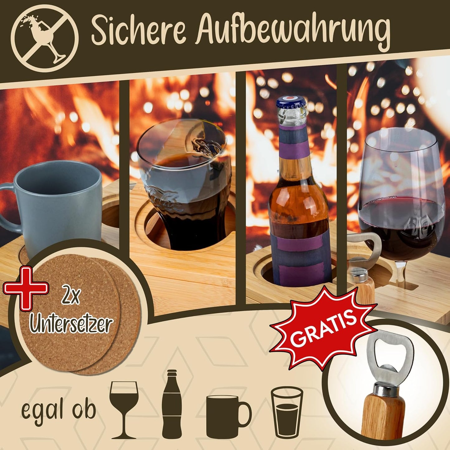 VON STEINEICH® Couchbar - das Sofatablett mit Snackboxen aus Edelstahl und Fächern für Getränke & Snacks (Holz)