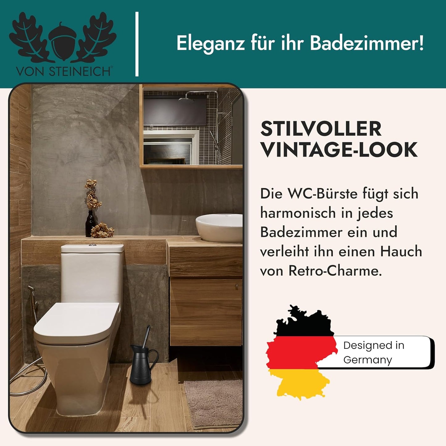 VON STEINEICH® Klobürste in Metallkanne - Rostfreie WC-Bürste im Vintage & Retro Look (schwarz)