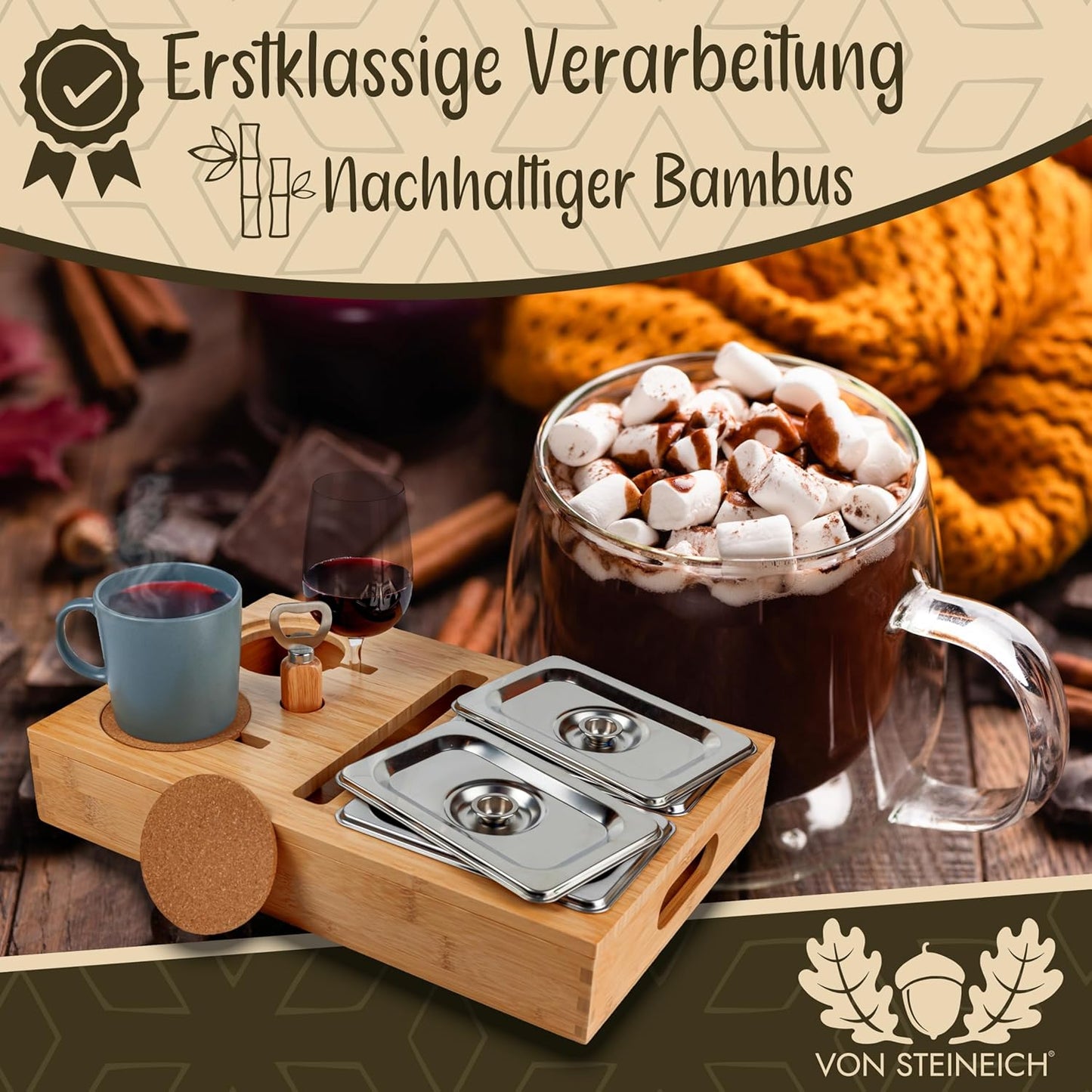 VON STEINEICH® Couchbar - das Sofatablett mit Snackboxen aus Edelstahl und Fächern für Getränke & Snacks (Holz)
