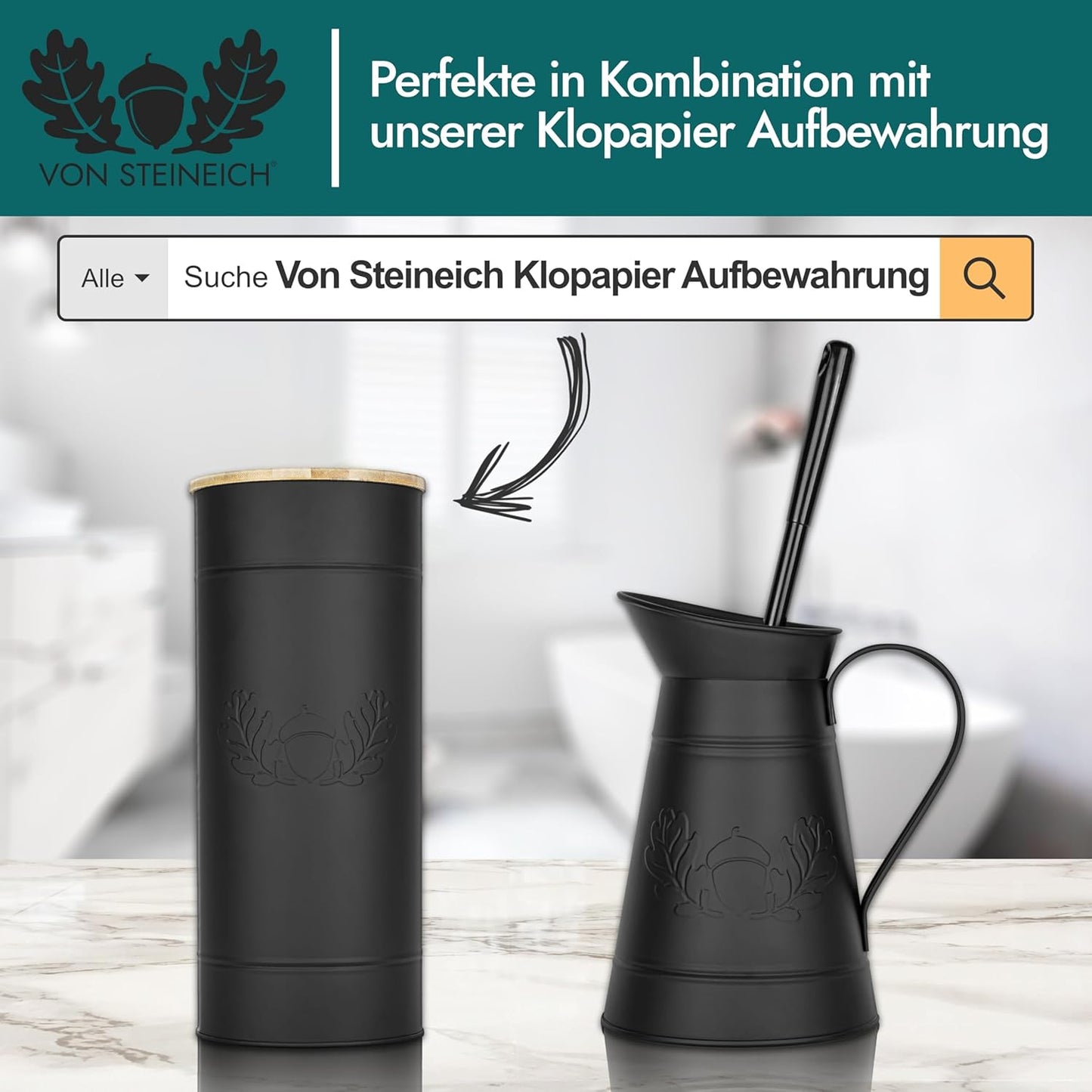 VON STEINEICH® Klobürste in Metallkanne - Rostfreie WC-Bürste im Vintage & Retro Look (schwarz)