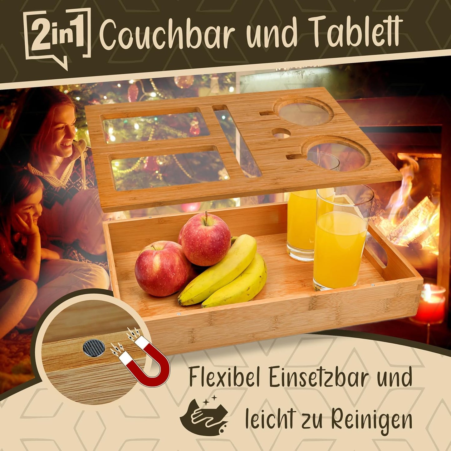 VON STEINEICH® Couchbar - das Sofatablett mit Snackboxen aus Edelstahl und Fächern für Getränke & Snacks (Holz)