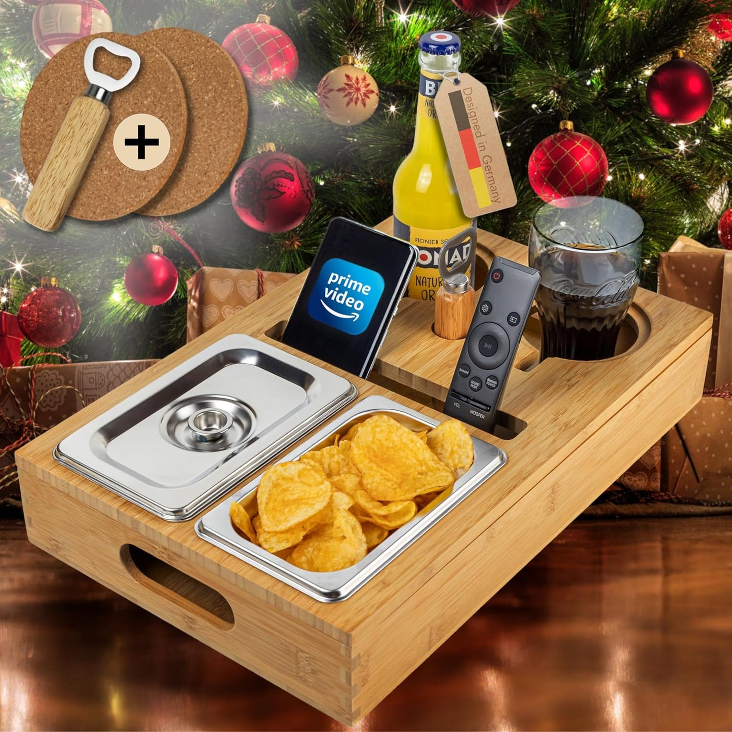 VON STEINEICH® Couchbar - das Sofatablett mit Snackboxen aus Edelstahl und Fächern für Getränke & Snacks (Holz)