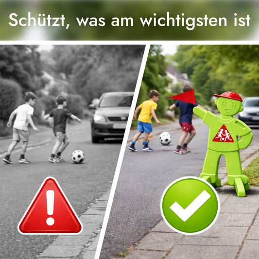 VON STEINEICH® PlaySafe – Kinder Warnfigur mit Fahne | Warnschild Achtung spielende Kinder | Reflektierender Verkehrswarn-Aufsteller | Langsam Fahren (Grün)