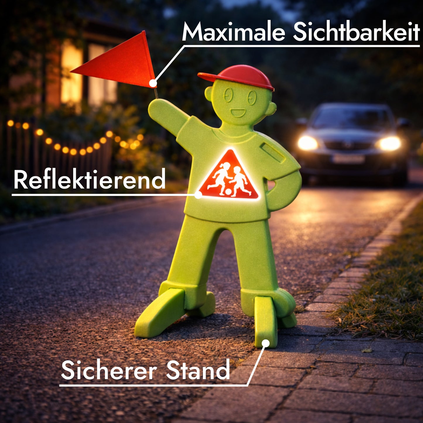 VON STEINEICH® PlaySafe – Kinder Warnfigur mit Fahne | Warnschild Achtung spielende Kinder | Reflektierender Verkehrswarn-Aufsteller | Langsam Fahren (Grün)