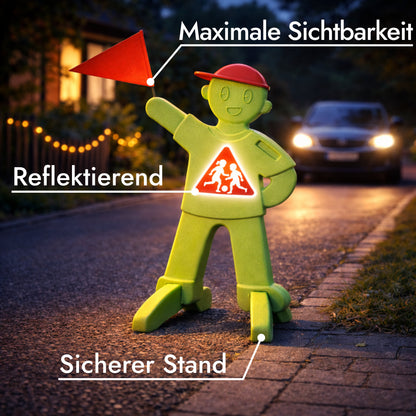 VON STEINEICH® PlaySafe – Kinder Warnfigur mit Fahne | Warnschild Achtung spielende Kinder | Reflektierender Verkehrswarn-Aufsteller | Langsam Fahren (Grün)
