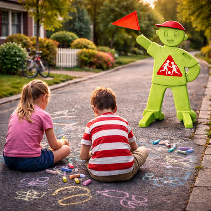 VON STEINEICH® PlaySafe – Kinder Warnfigur mit Fahne | Warnschild Achtung spielende Kinder | Reflektierender Verkehrswarn-Aufsteller | Langsam Fahren (Grün)