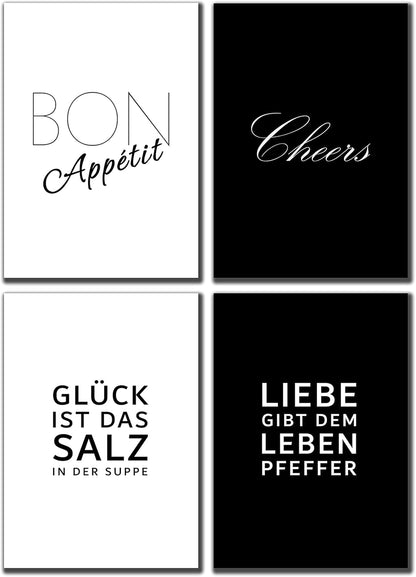 VON STEINEICH® Küche Bilder Set [Schwarz Weiß] – Moderne Wandbilder in DIN A4 als Küchendeko (ohne Bilderrahmen)