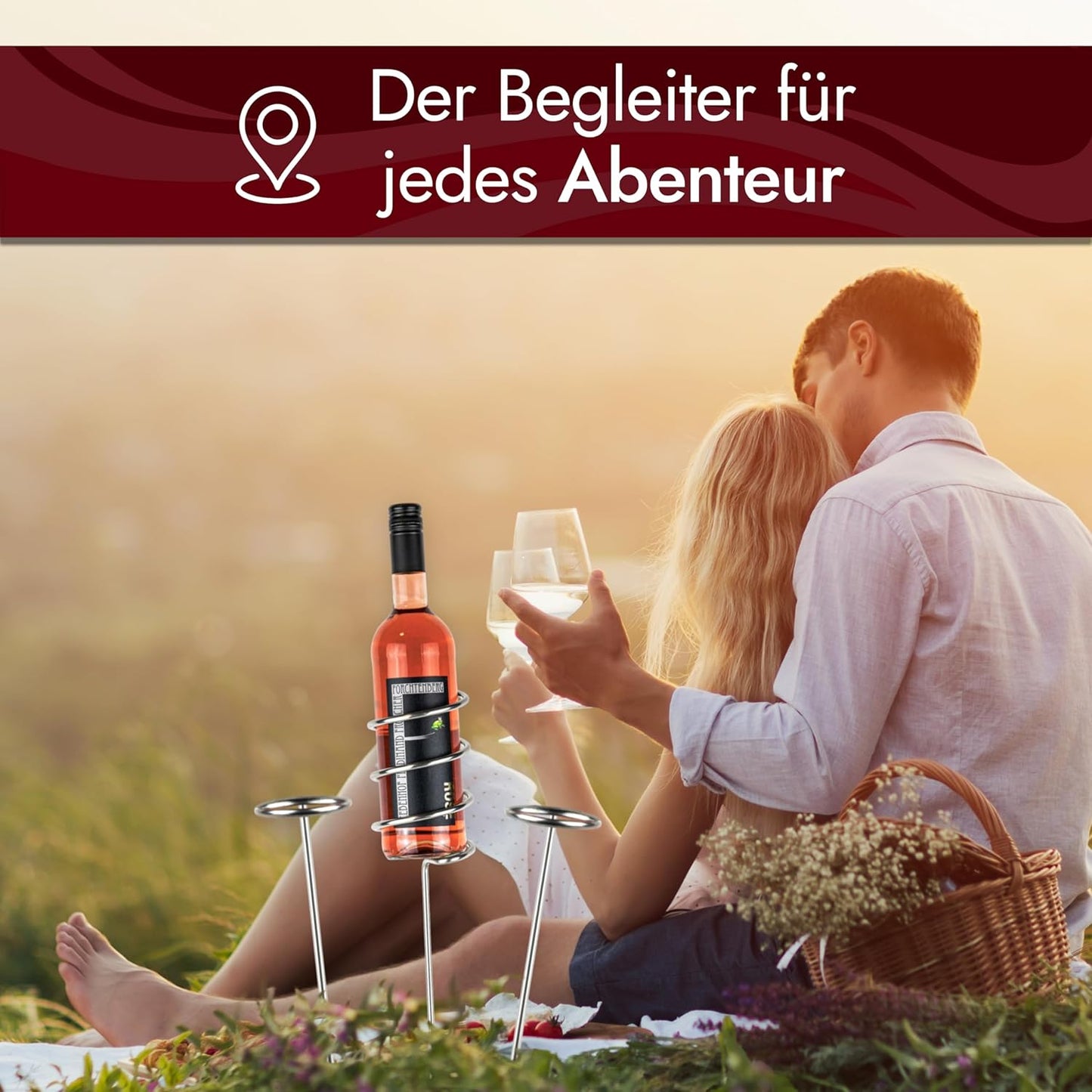 VON STEINEICH® Original Weinständer [Starter-Set] Edelstahl Flaschen- und Glashalter für Picknick im Garten, am Strand oder beim Camping