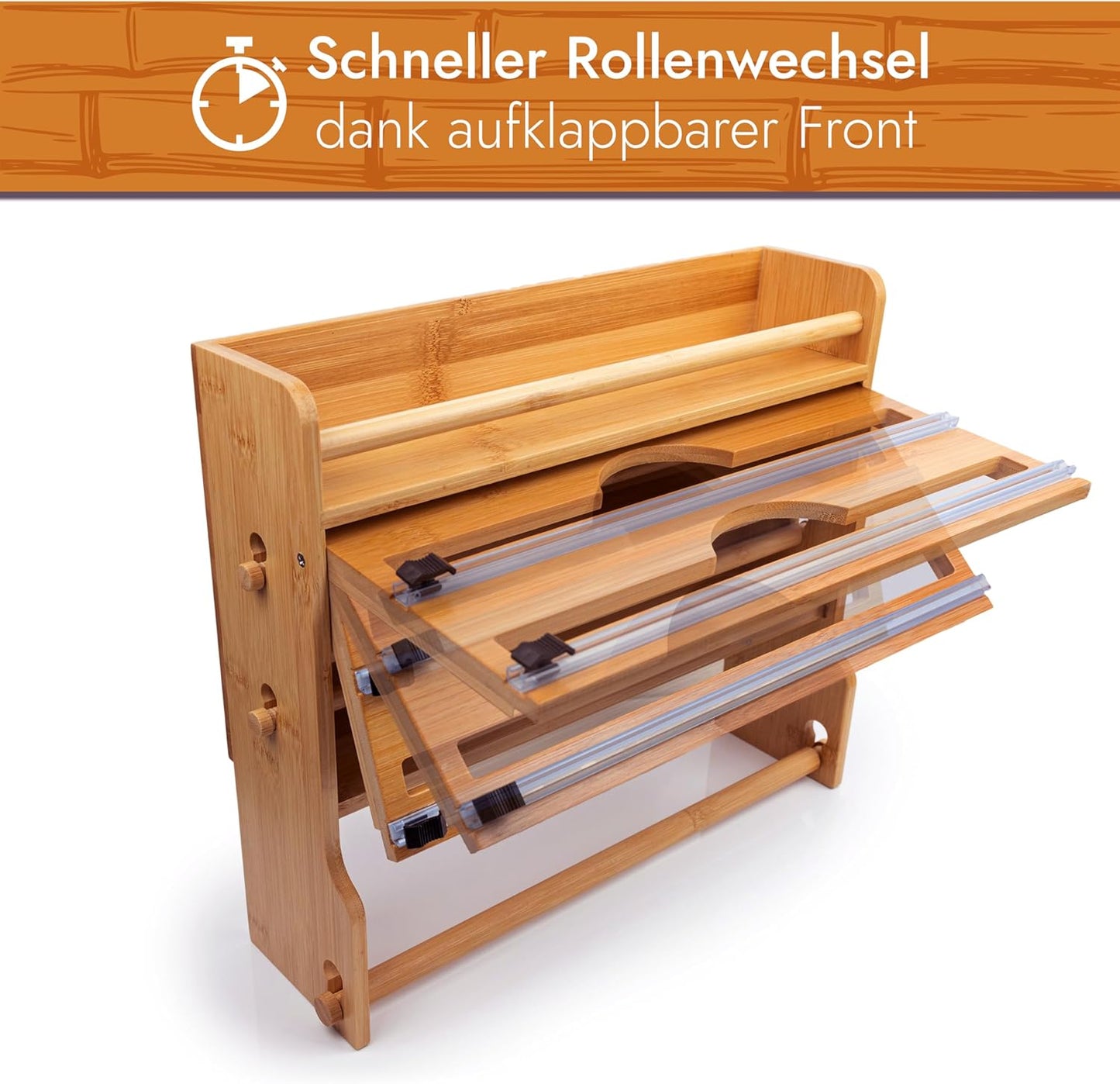 VON STEINEICH® Küchenrollenhalter aus Holz [ohne Bohren] für Küchenrolle, Alufolie & Frischhaltefolie mit extrem scharfen Klingen