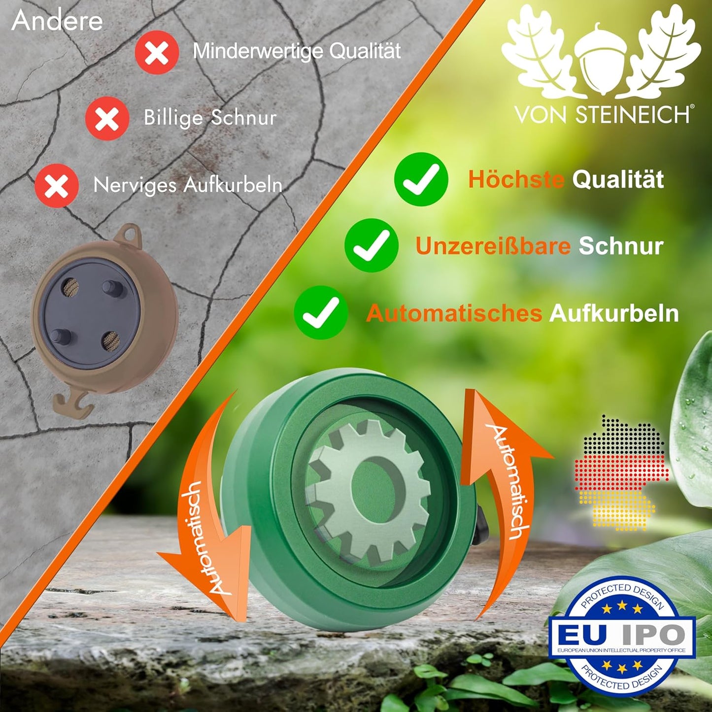 VON STEINEICH® Automatische Camping Wäscheleine [10m] mit Aufroll-Automatik | Ausziehbar & Unzerreißbar