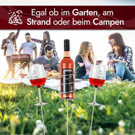 VON STEINEICH® Original Weinständer [Starter-Set] Edelstahl Flaschen- und Glashalter für Picknick im Garten, am Strand oder beim Camping