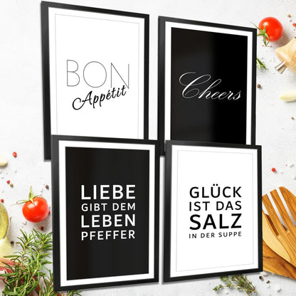 VON STEINEICH® Küche Bilder Set [Schwarz Weiß] – Moderne Wandbilder in DIN A4 als Küchendeko (ohne Bilderrahmen)