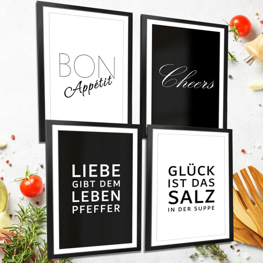 VON STEINEICH® Küche Bilder Set [Schwarz Weiß] – Moderne Wandbilder in DIN A4 als Küchendeko (ohne Bilderrahmen)