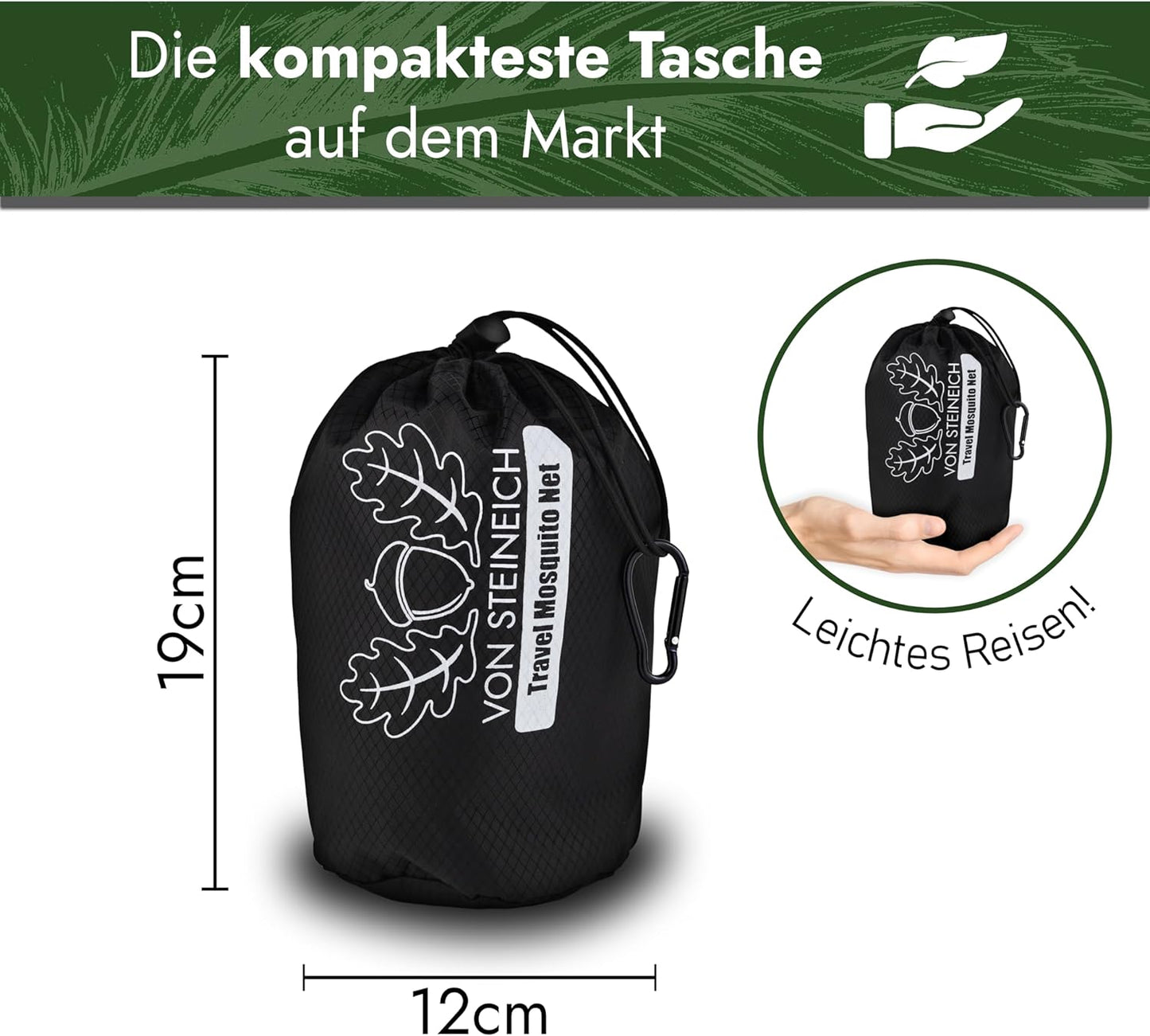 VON STEINEICH® Moskitonetz [Reise] Handliches Reise Moskitonetz | 220cm x 170cm | Super leicht und praktisch (inkl Karabinerhaken)
