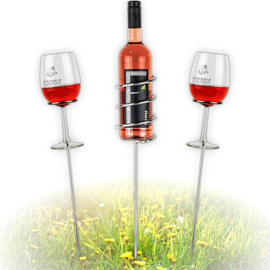 VON STEINEICH® Original Weinständer [Starter-Set] Edelstahl Flaschen- und Glashalter für Picknick im Garten, am Strand oder beim Camping