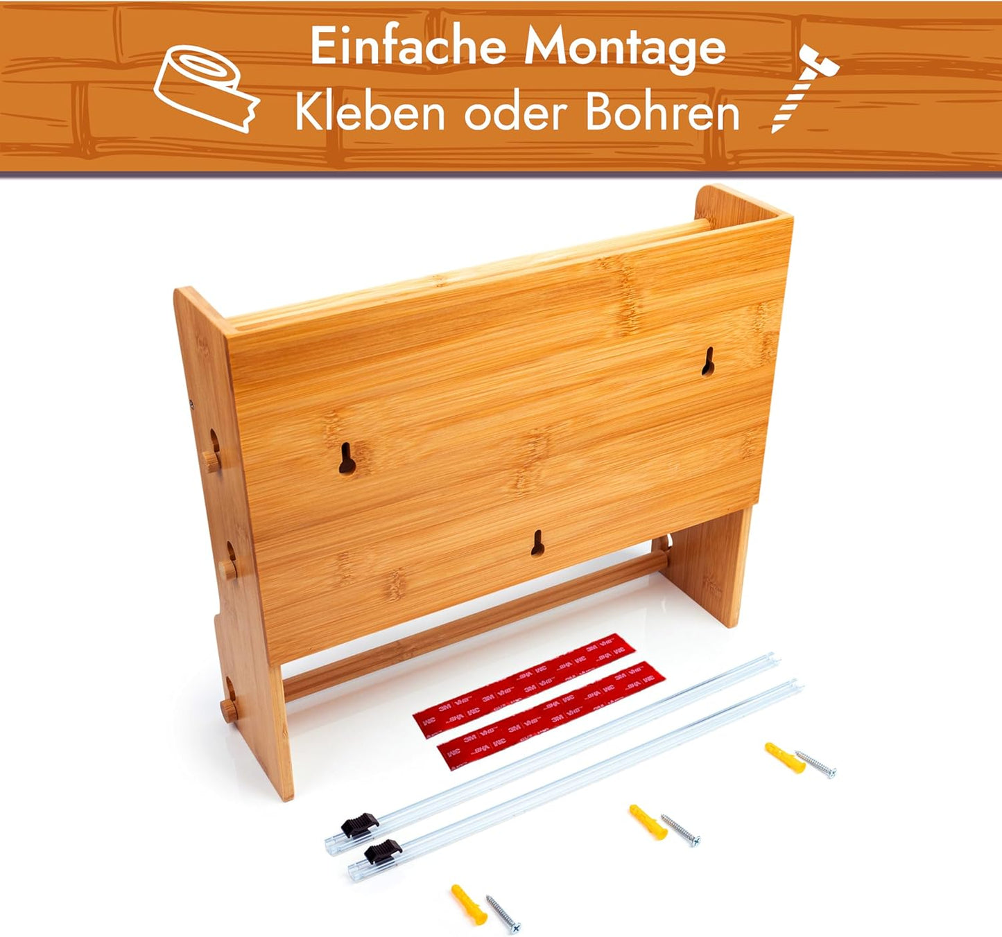 VON STEINEICH® Küchenrollenhalter aus Holz [ohne Bohren] für Küchenrolle, Alufolie & Frischhaltefolie mit extrem scharfen Klingen