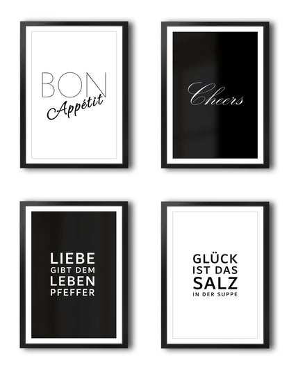 VON STEINEICH® Küche Bilder Set [Schwarz Weiß] – Moderne Wandbilder in DIN A4 als Küchendeko (ohne Bilderrahmen)